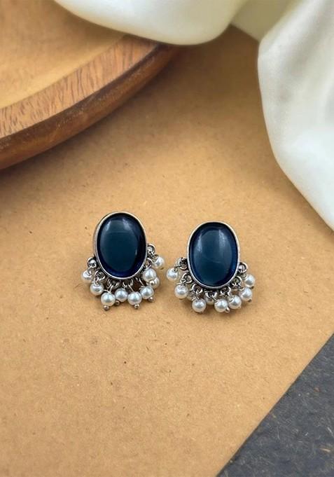Silver Plated Artificial Stones Studded And Beaded Oval Shaped Drop Earrings