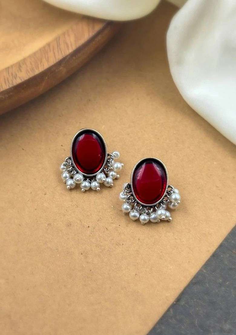 Silver Plated Artificial Stones Studded And Beaded Oval Shaped Drop Earrings - Indya