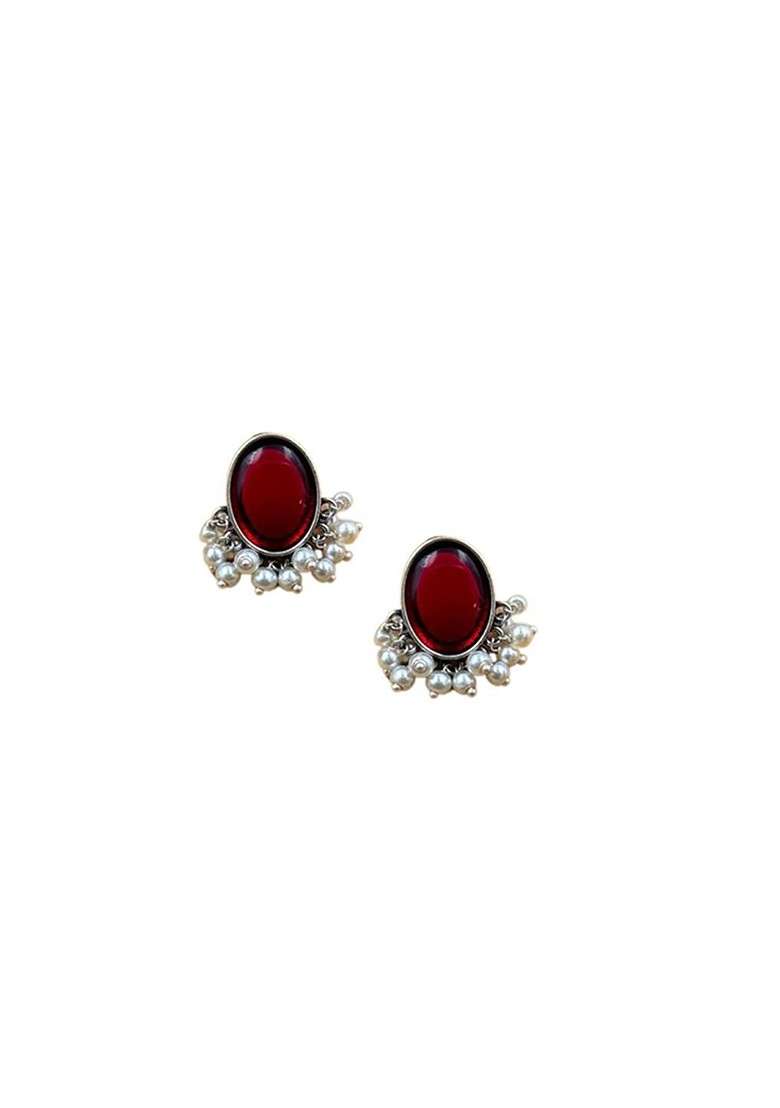 Silver Plated Artificial Stones Studded And Beaded Oval Shaped Drop Earrings - Indya