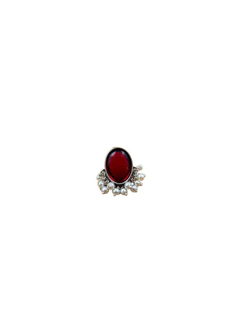Silver Plated Artificial Stones Studded And Beaded Oval Shaped Drop Earrings - Indya