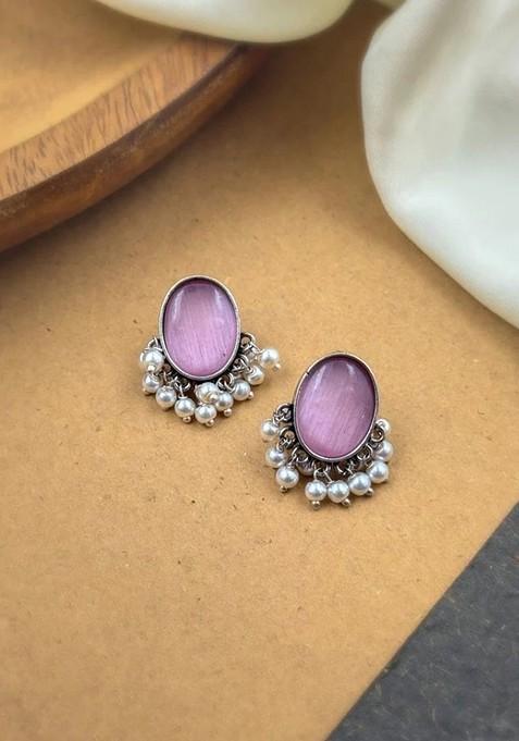 Silver Plated Artificial Stones Studded And Beaded Oval Shaped Oxidised Studs