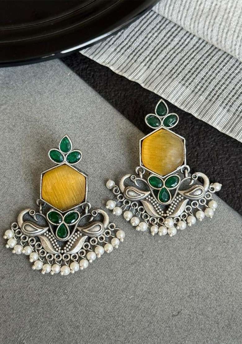 Silver Plated Stones Studded And Beaded Peacock Shaped Oxidized Drop Earrings - Indya