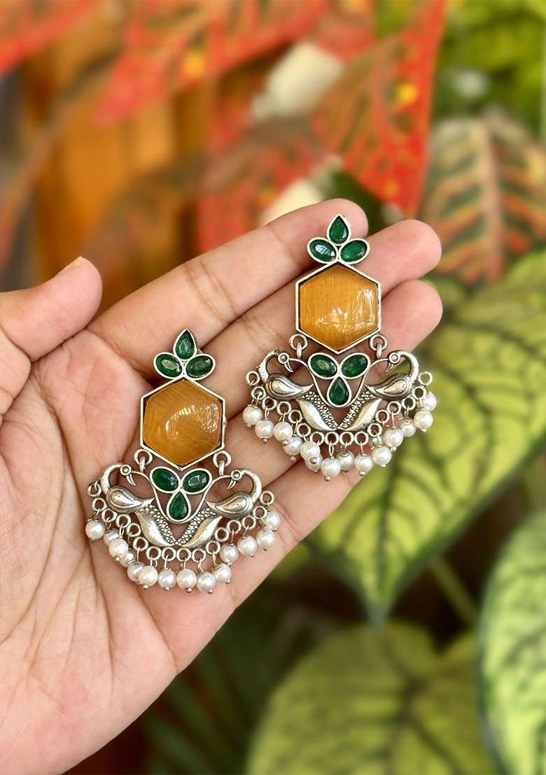 Silver Plated Stones Studded And Beaded Peacock Shaped Oxidized Drop Earrings - Indya