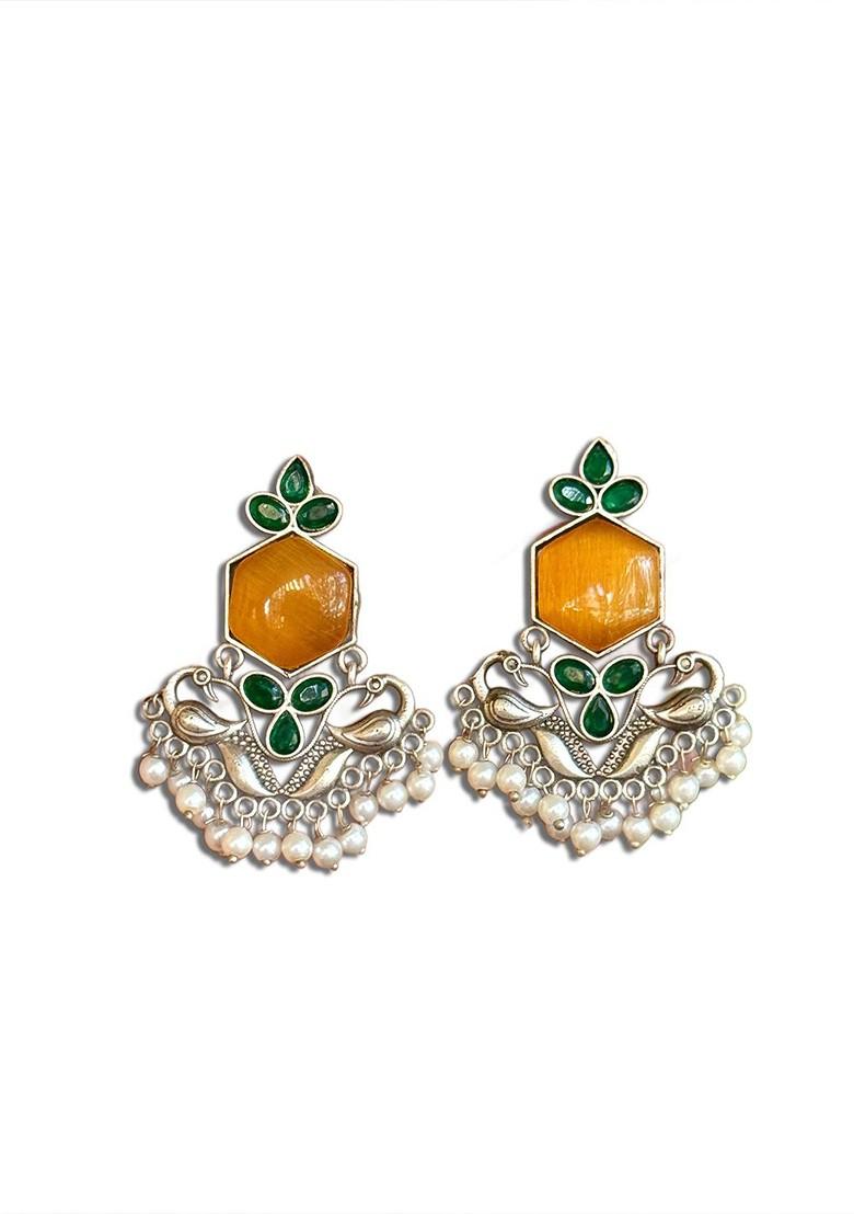 Silver Plated Stones Studded And Beaded Peacock Shaped Oxidized Drop Earrings