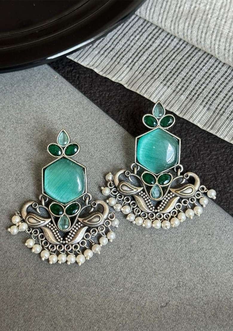 Silver Plated Stones Studded And Beaded Peacock Shaped Oxidized Drop Earrings - Indya
