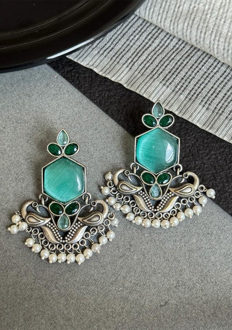 Silver Plated Stones Studded And Beaded Peacock Shaped Oxidized Drop Earrings