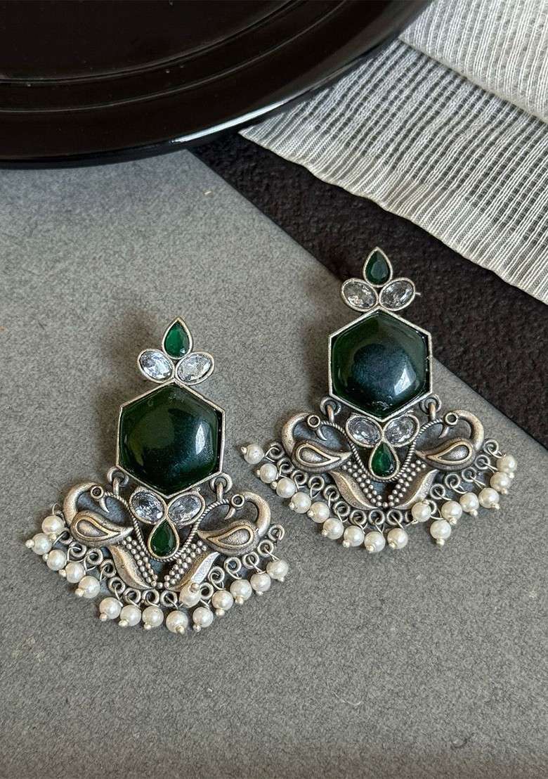 Silver Plated Stones Studded And Beaded Peacock Shaped Oxidized Drop Earrings - Indya