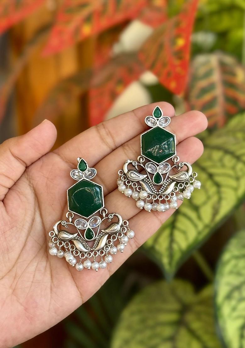 Silver Plated Stones Studded And Beaded Peacock Shaped Oxidized Drop Earrings