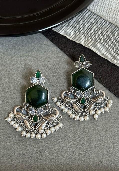 Silver Plated Stones Studded And Beaded Peacock Shaped Oxidized Drop Earrings