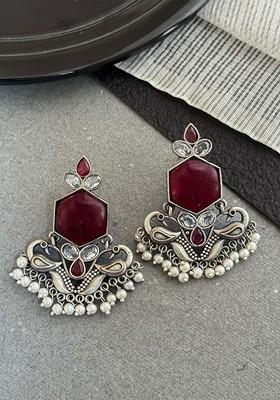 Silver Plated Artificial Stones Studded Contemporary Oxidised Drop Earrings