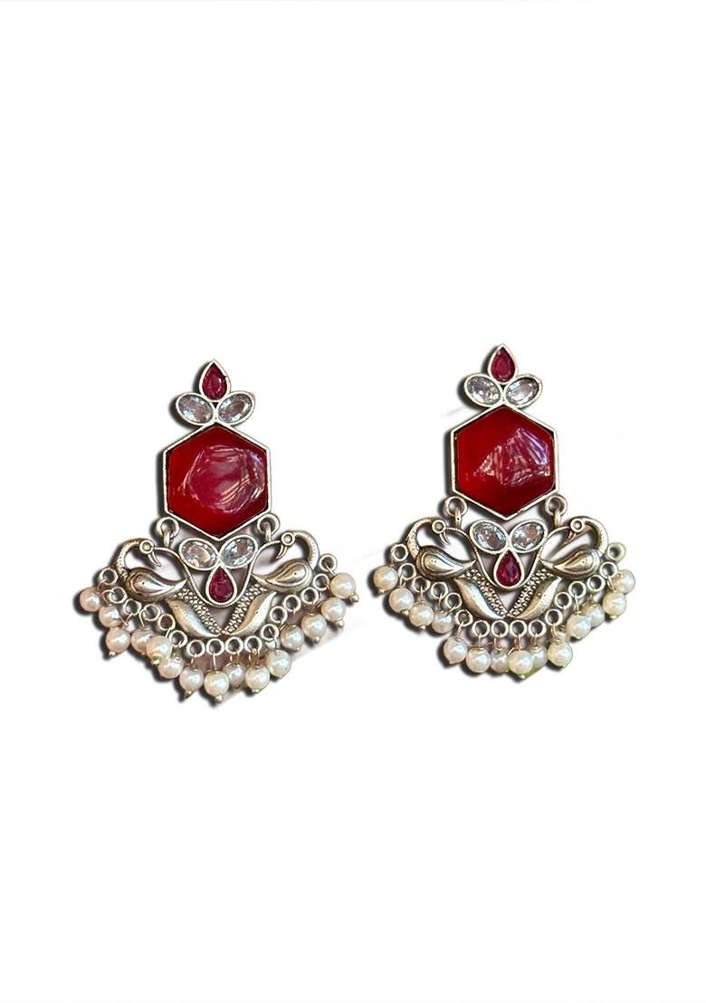 Silver Plated Artificial Stones Studded Contemporary Oxidised Drop Earrings