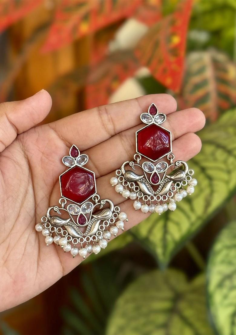 Silver Plated Artificial Stones Studded Contemporary Oxidised Drop Earrings