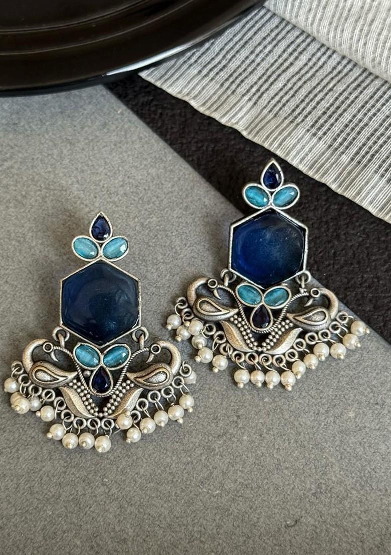 Silver Plated Artificial Stones Studded And Beaded Oxidised Peacock Drop Earrings