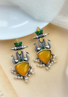 Silver Plated Artificial Stones Studded Contemporary Oxidised Drop Earrings