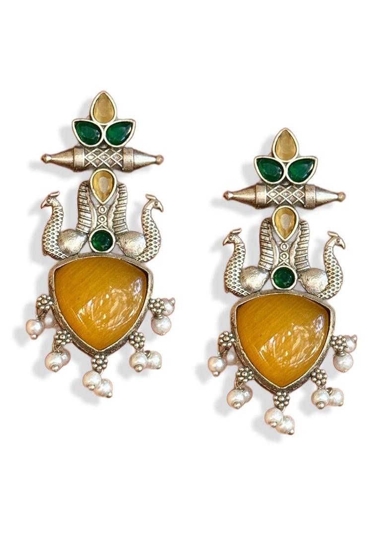 Silver Plated Artificial Stones Studded Contemporary Oxidised Drop Earrings