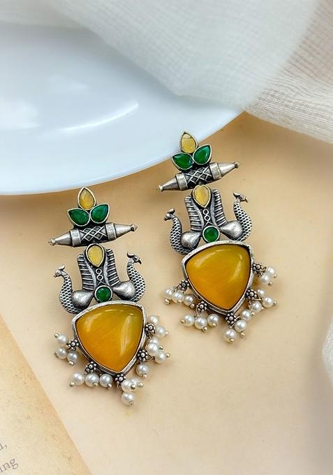 Silver Plated Artificial Stones Studded Contemporary Oxidised Drop Earrings