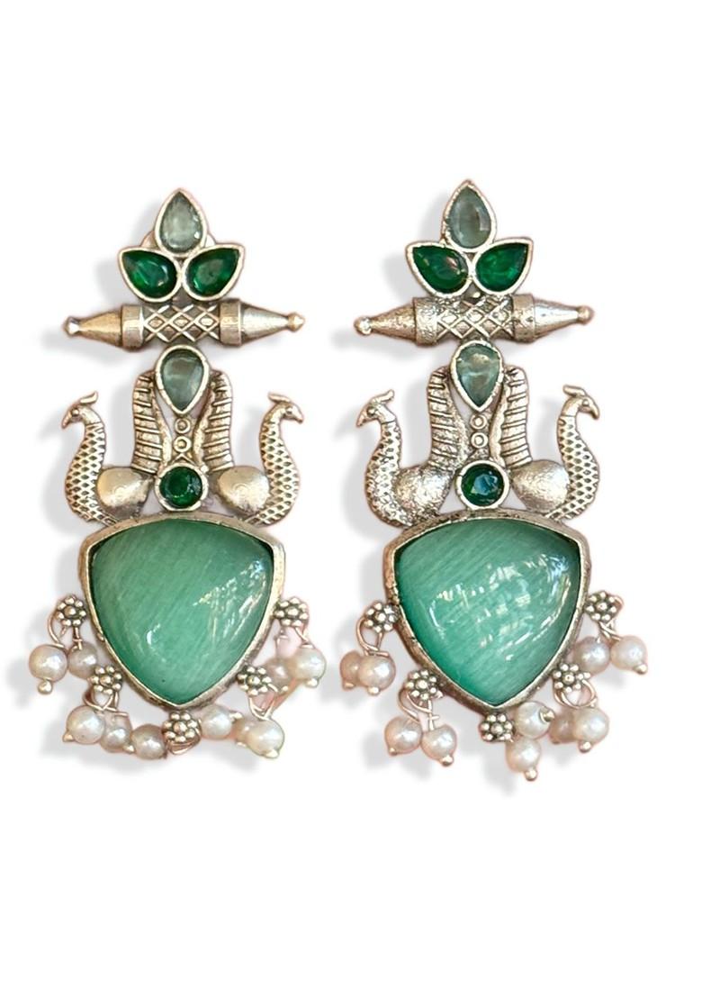 Silver Plated Artificial Stones Studded Contemporary Oxidised Drop Earrings