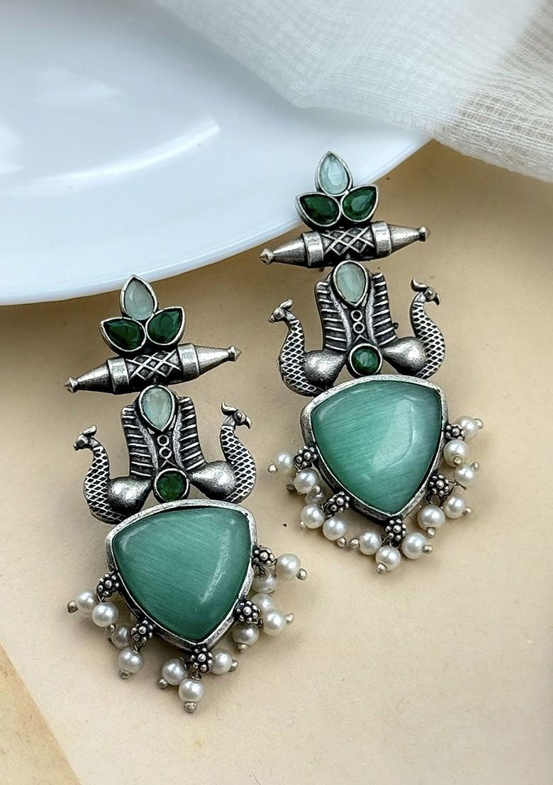 Silver Plated Artificial Stones Studded Contemporary Oxidised Drop Earrings