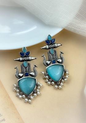 Silver Plated Stones Studded And Beaded Peacock Shaped Monalisa Drop Earrings