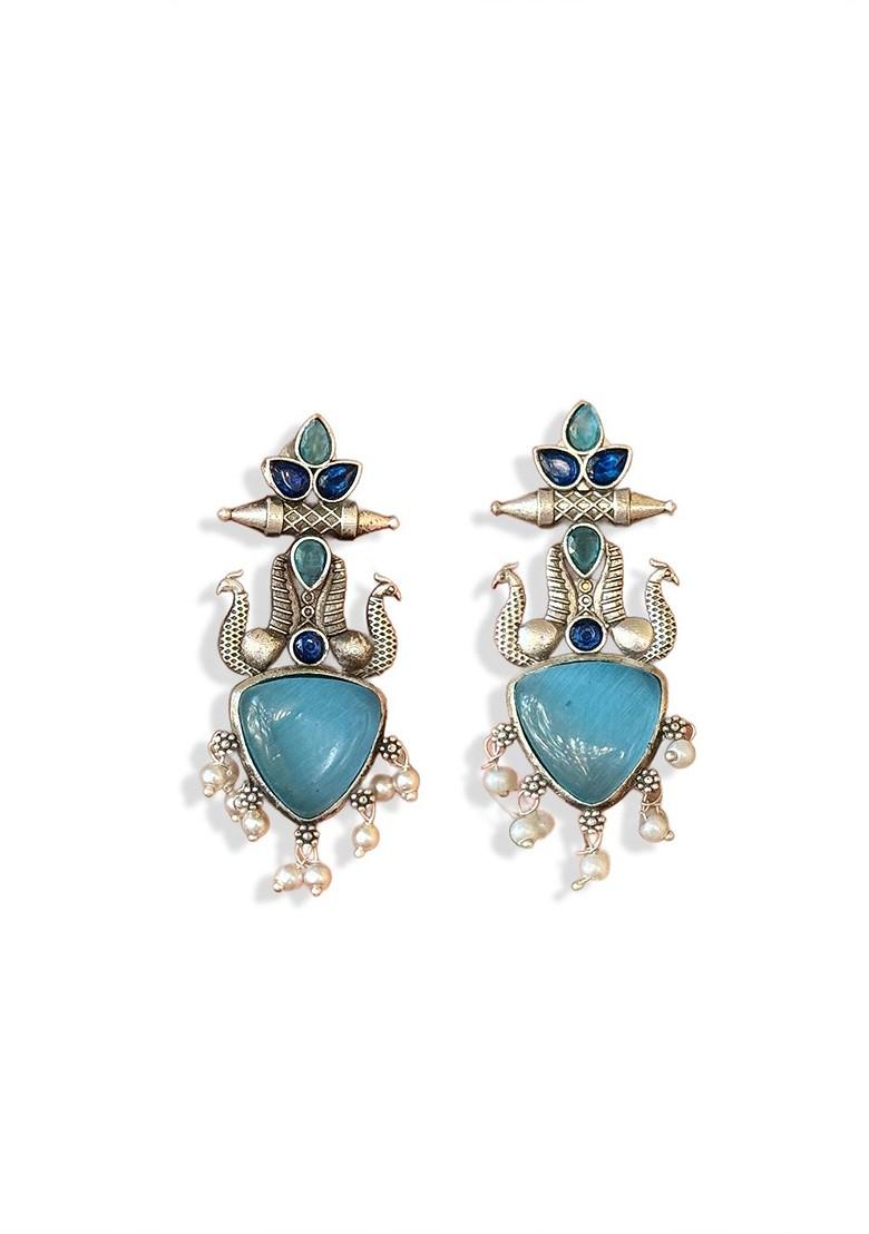 Silver Plated Stones Studded And Beaded Peacock Shaped Monalisa Drop Earrings