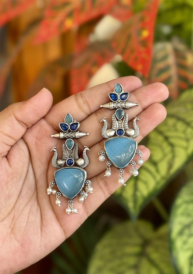 Silver Plated Stones Studded And Beaded Peacock Shaped Monalisa Drop Earrings
