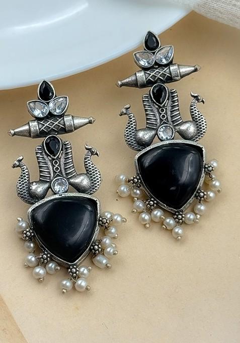 Silver Plated Artificial Stones Studded Contemporary Oxidised Drop Earrings