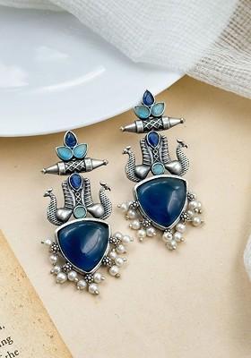 Silver Plated Artificial Stones Studded And Beaded Peacock Shaped Drop Earrings