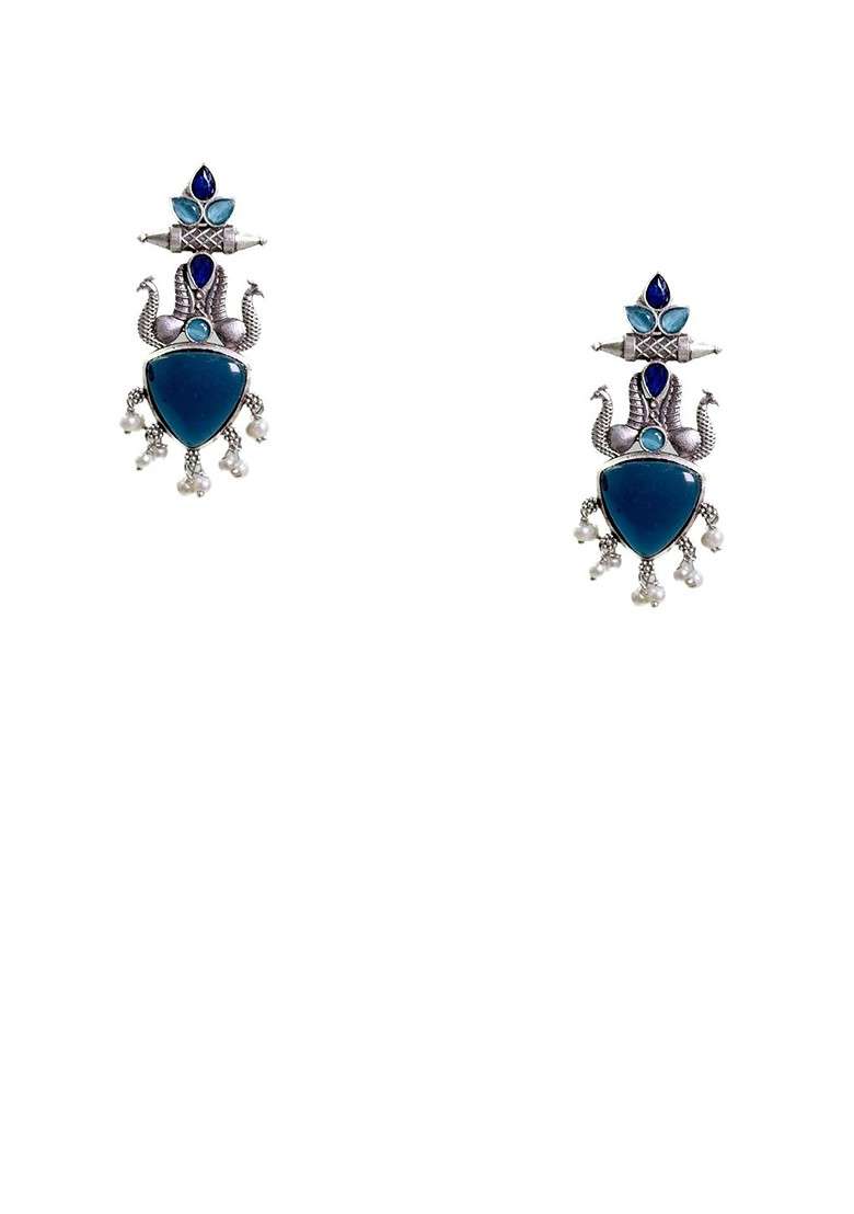 Silver Plated Artificial Stones Studded And Beaded Peacock Shaped Drop Earrings - Indya