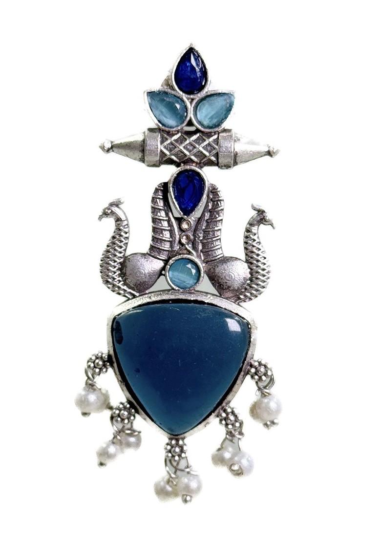 Silver Plated Artificial Stones Studded And Beaded Peacock Shaped Drop Earrings