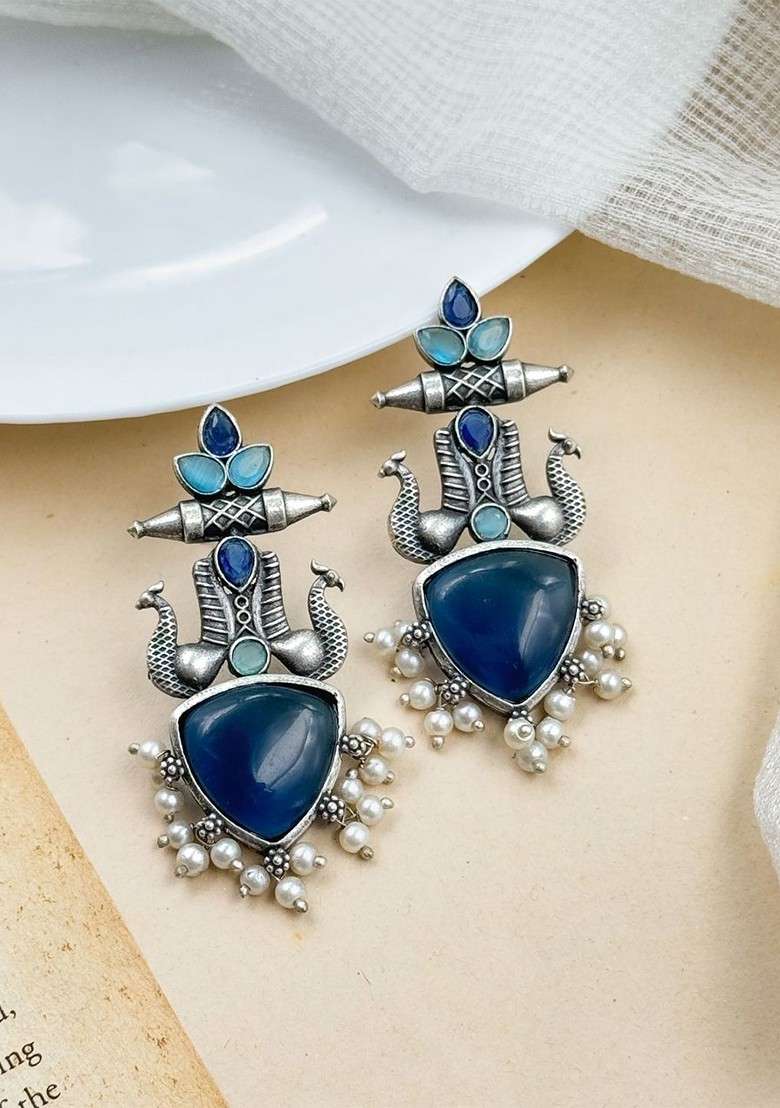 Silver Plated Artificial Stones Studded And Beaded Peacock Shaped Drop Earrings - Indya