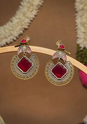 Silver Plated Oxidised Stones Studded And Beaded Contemporary Drop Earrings