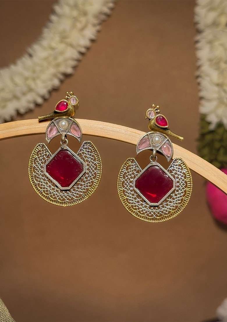 Silver Plated Oxidised Stones Studded And Beaded Contemporary Drop Earrings - Indya