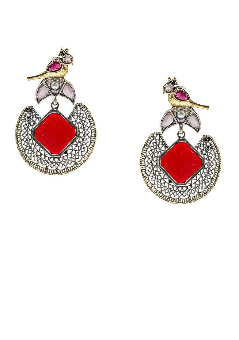 Silver Plated Oxidised Stones Studded And Beaded Contemporary Drop Earrings - Indya