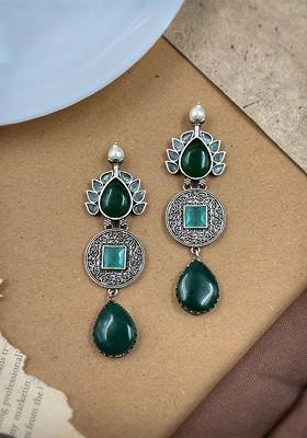 Silver Plated Oxidised Artificial Stones Studded Tear Drop Shaped Drop Earrings