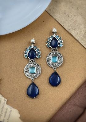 Silver Plated Oxidised Artificial Stones Studded Tear Drop Shaped Drop Earrings