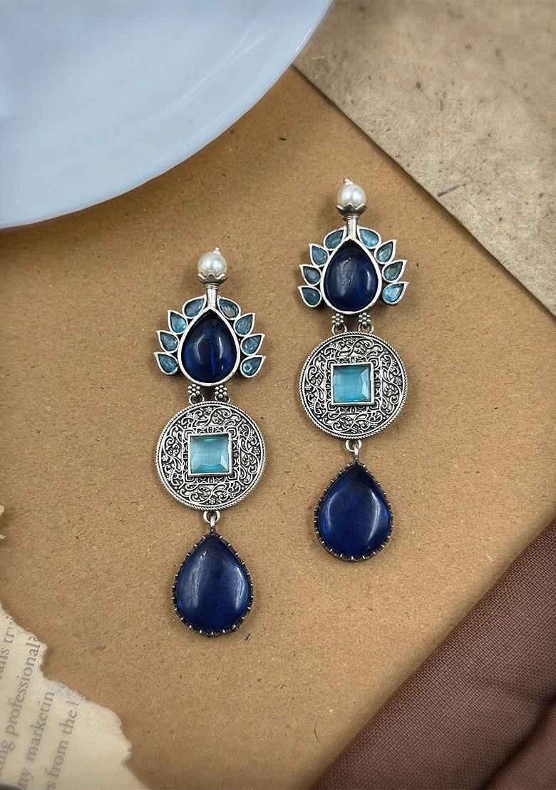 Silver Plated Oxidised Artificial Stones Studded Tear Drop Shaped Drop Earrings