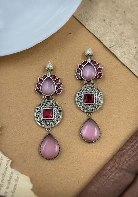 Silver Plated Oxidised Artificial Stones Studded Tear Drop Shaped Drop Earrings