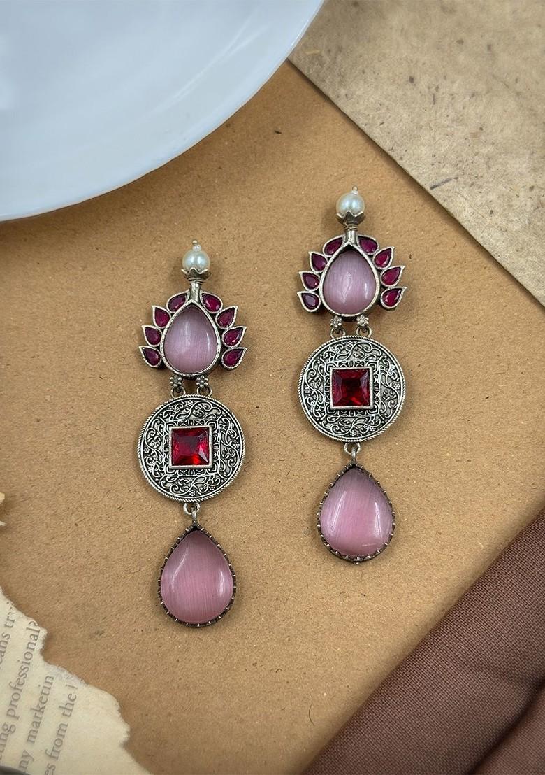 Silver Plated Oxidised Artificial Stones Studded Tear Drop Shaped Drop Earrings