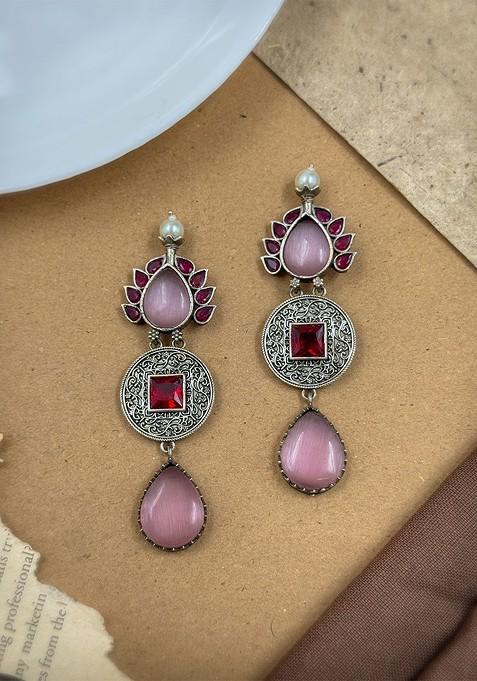 Silver Plated Oxidised Artificial Stones Studded Tear Drop Shaped Drop Earrings