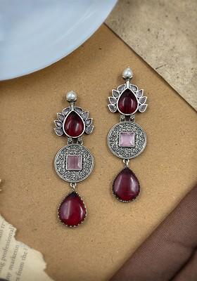 Silver Plated Oxidised Artificial Stones Studded Tear Drop Shaped Drop Earrings