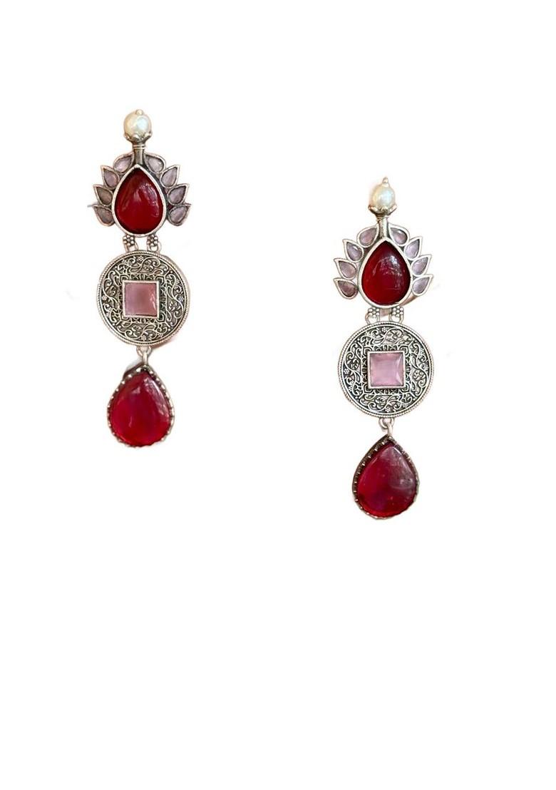 Silver Plated Oxidised Artificial Stones Studded Tear Drop Shaped Drop Earrings