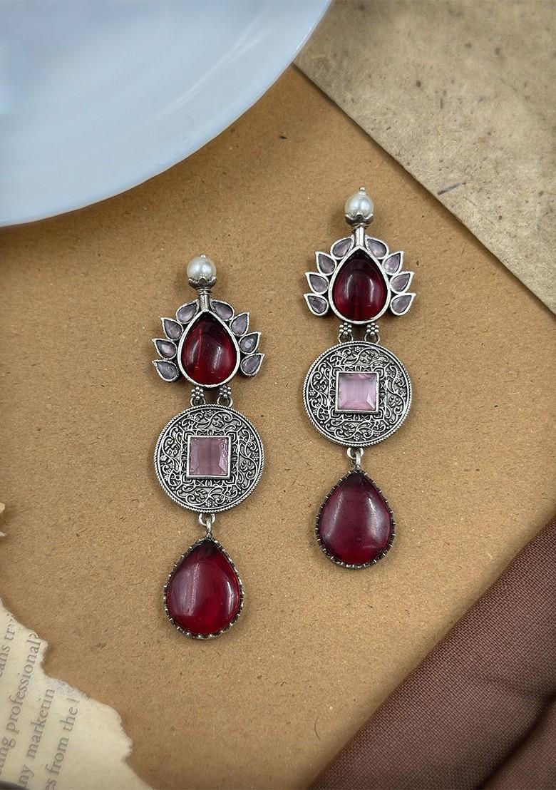 Silver Plated Oxidised Artificial Stones Studded Tear Drop Shaped Drop Earrings