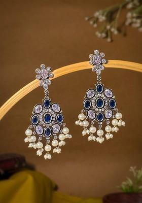 Silver Plated Artificial Stones And Beads Oxidised Contemporary Drop Earrings