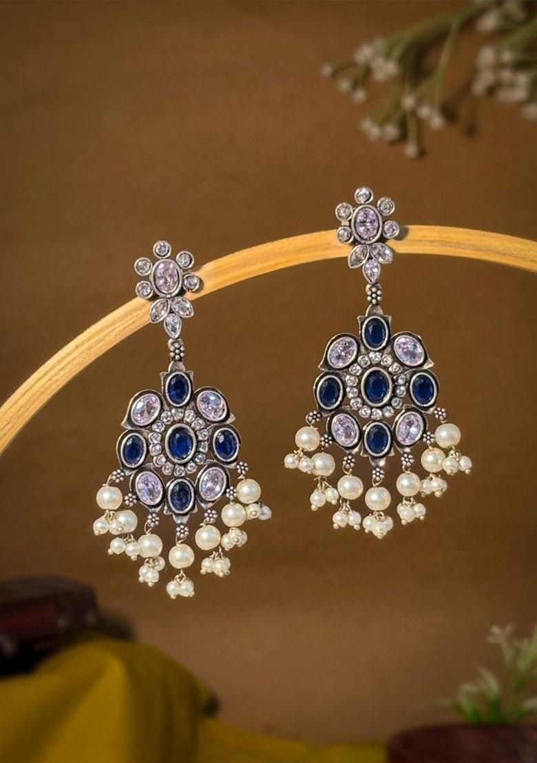 Silver Plated Artificial Stones And Beads Oxidised Contemporary Drop Earrings