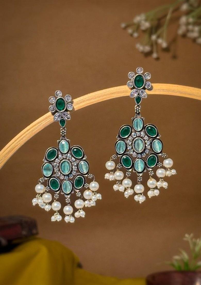Silver Plated Artificial Stones Studded And Beaded Oxidised Drop Earrings