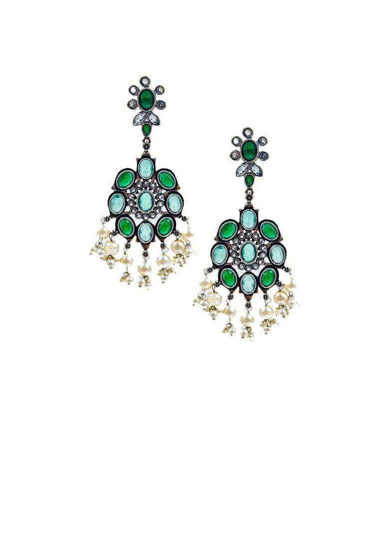 Silver Plated Artificial Stones Studded And Beaded Oxidised Drop Earrings