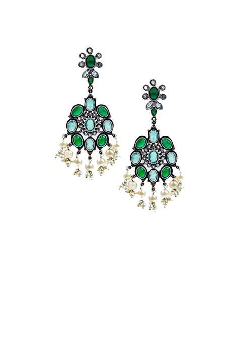 Silver Plated Artificial Stones Studded And Beaded Oxidised Drop Earrings