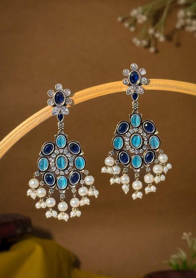 Silver Plated Artificial Stones And Beads Oxidised Contemporary Drop Earrings