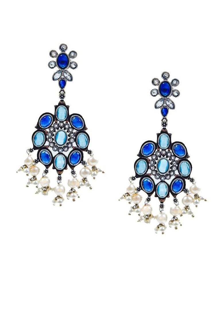 Silver Plated Artificial Stones And Beads Oxidised Contemporary Drop Earrings
