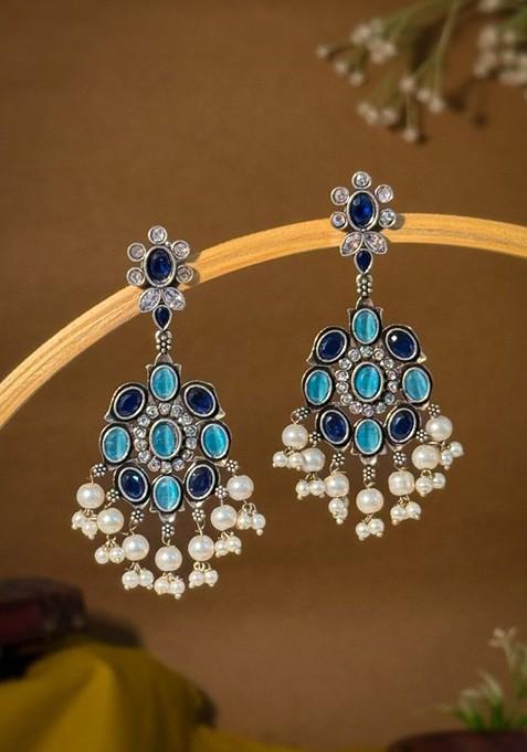 Silver Plated Artificial Stones And Beads Oxidised Contemporary Drop Earrings